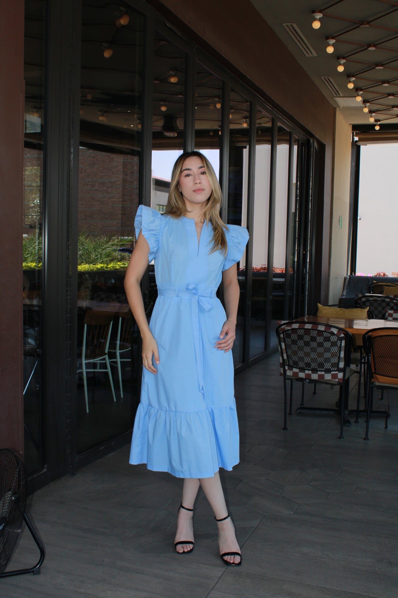 Vestido midi azul tela de camisa c Olán #11292