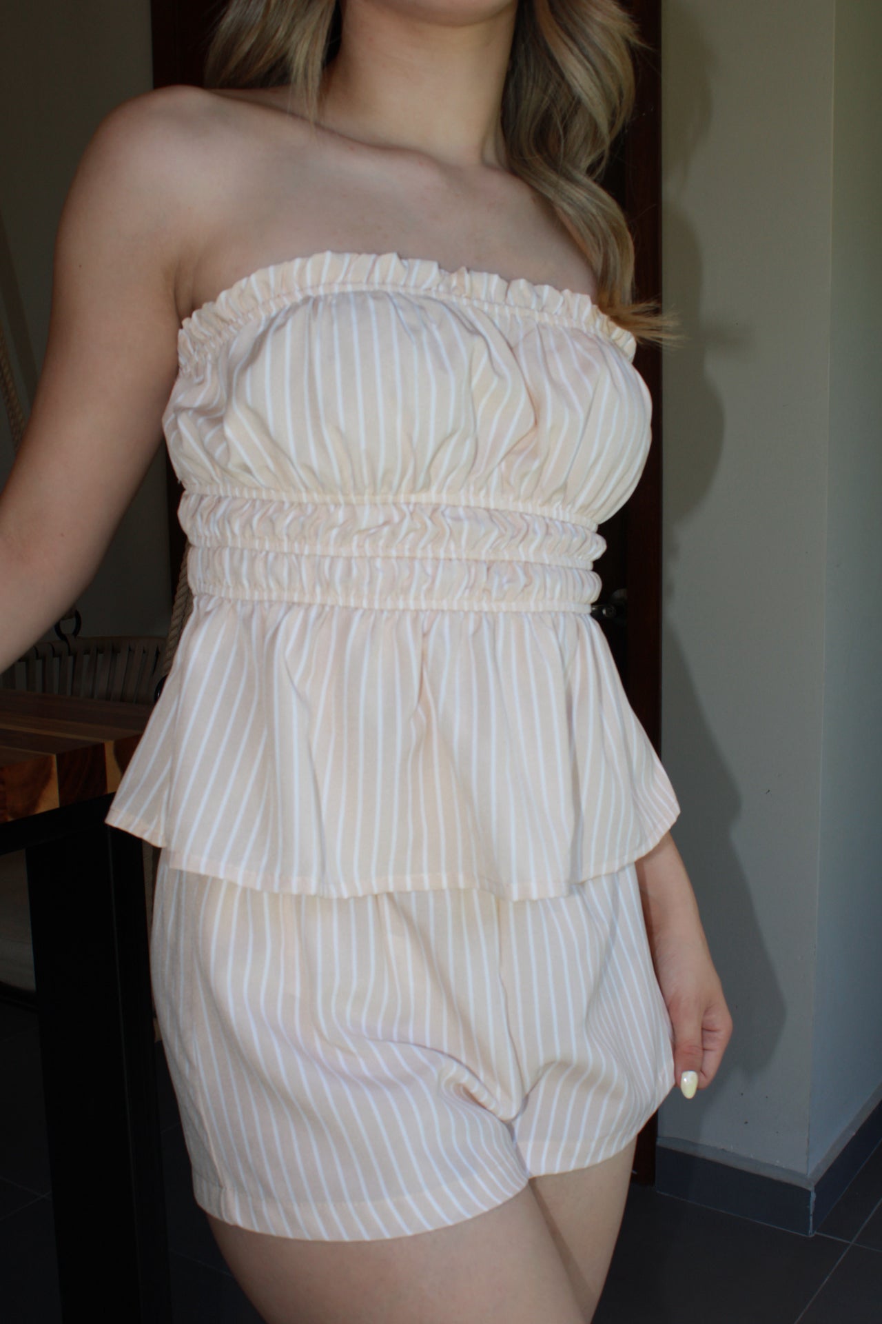 Set Rayado strapless y short crema c blanco #11177
