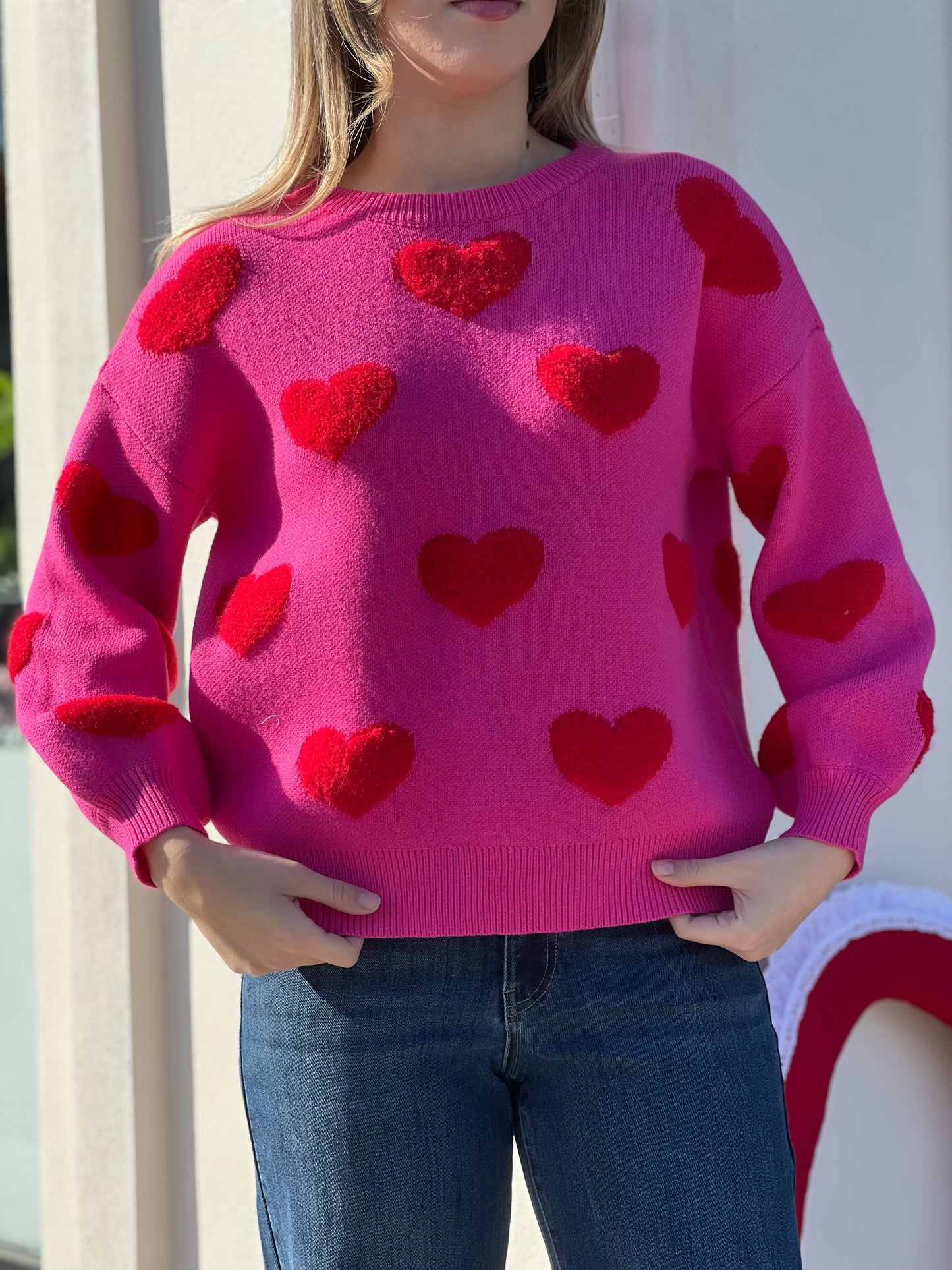 Suéter tejido fucsia con corazones #10925