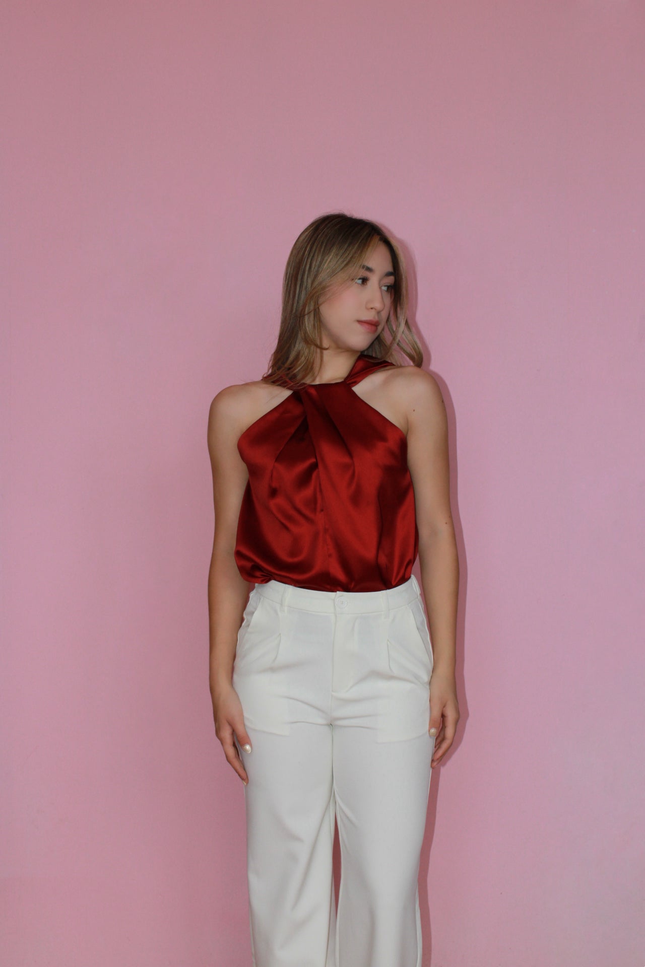 Blusa rojo quemado satinada halter #11368