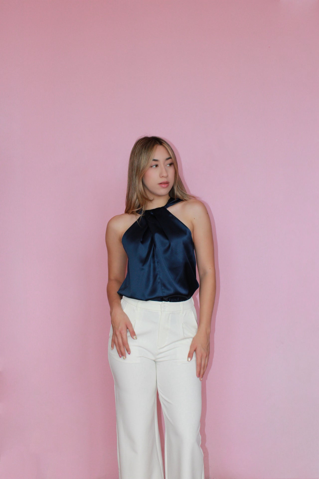 Blusa azul marino satinada halter #11367