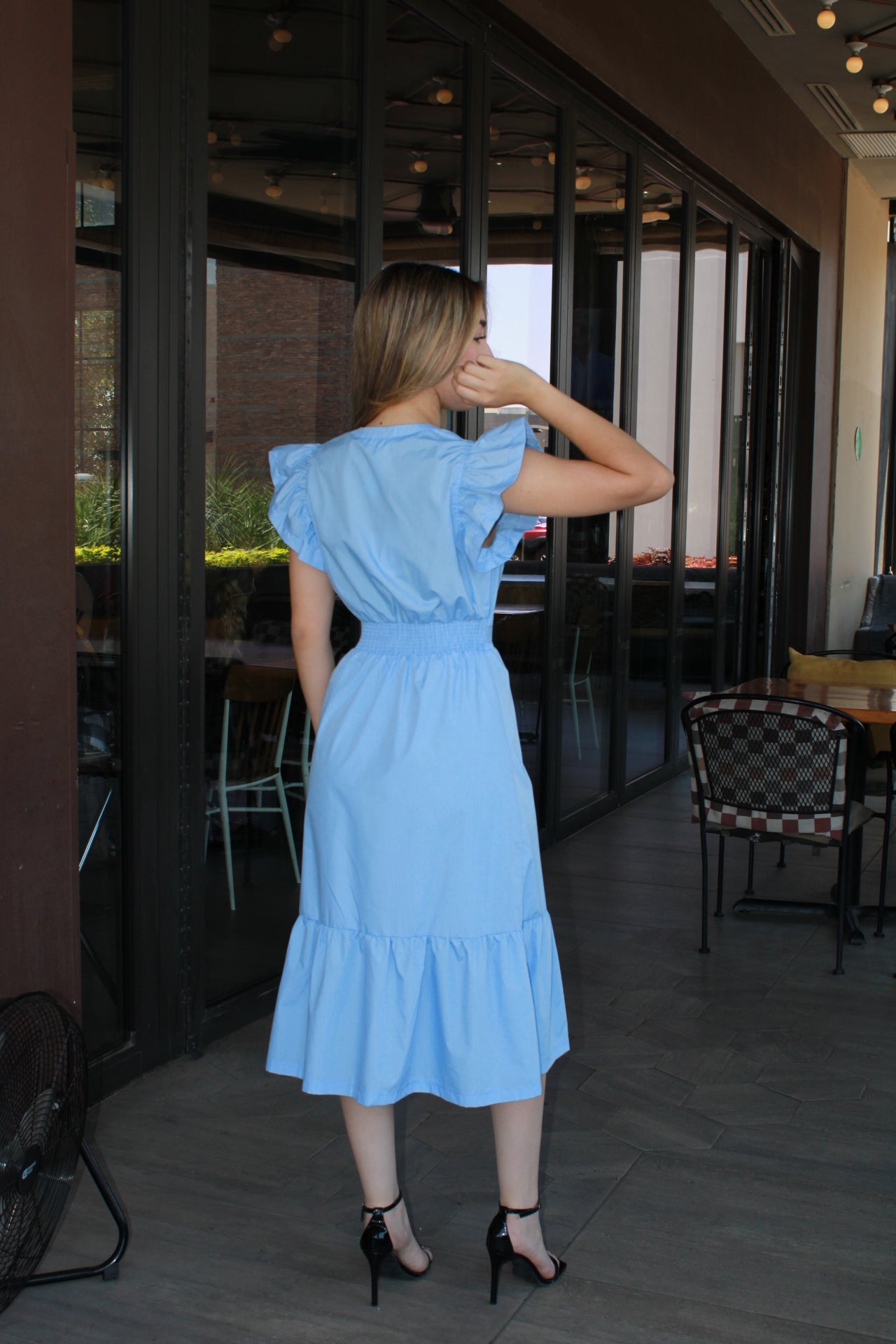 Vestido midi azul tela de camisa c Olán #11292