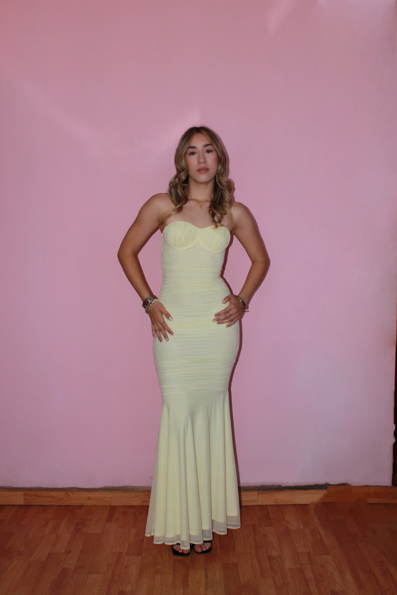 Vestido amarillo pastel strapless mesh #11341