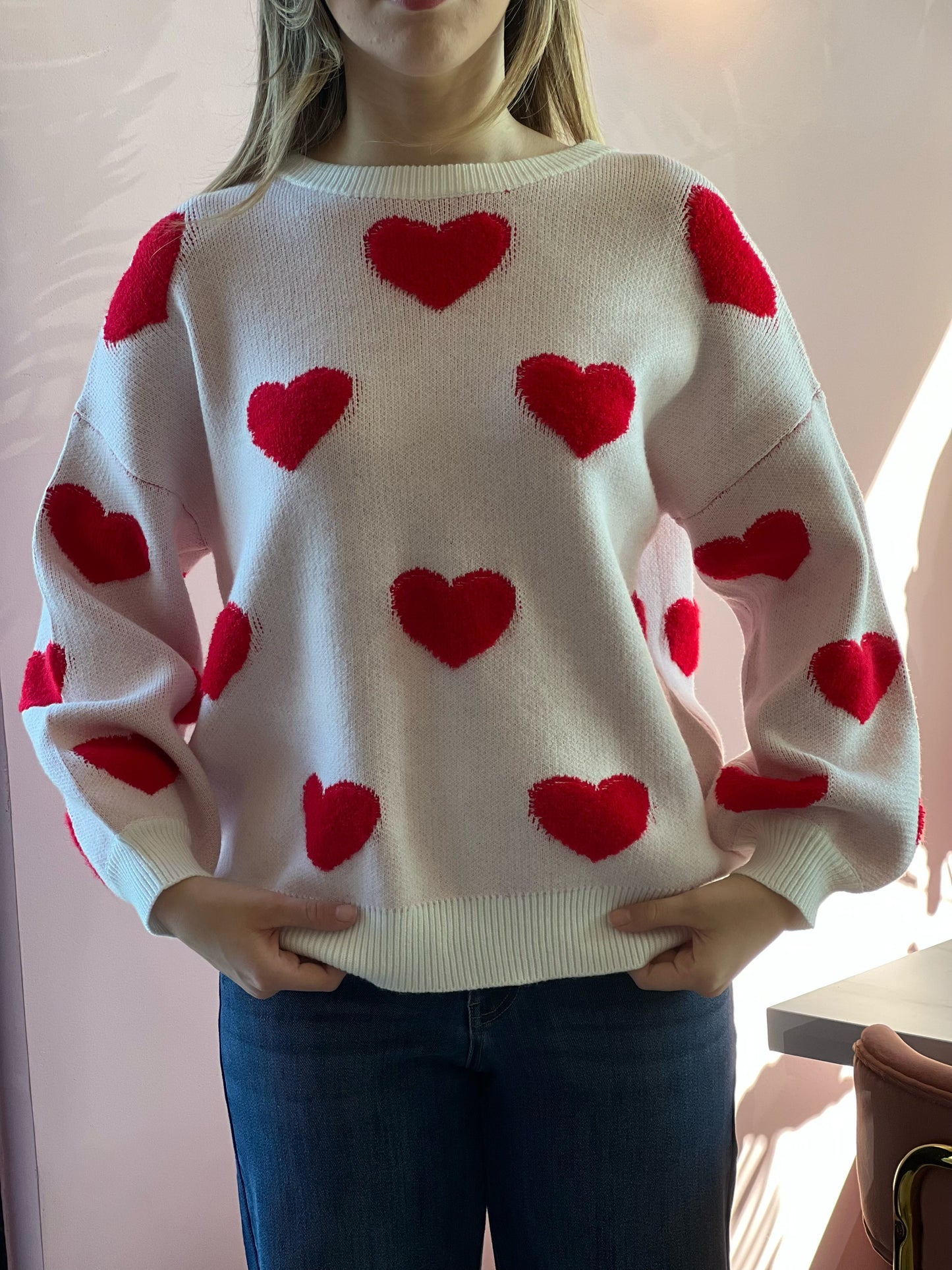 Suéter tejido rosa con corazones #10926