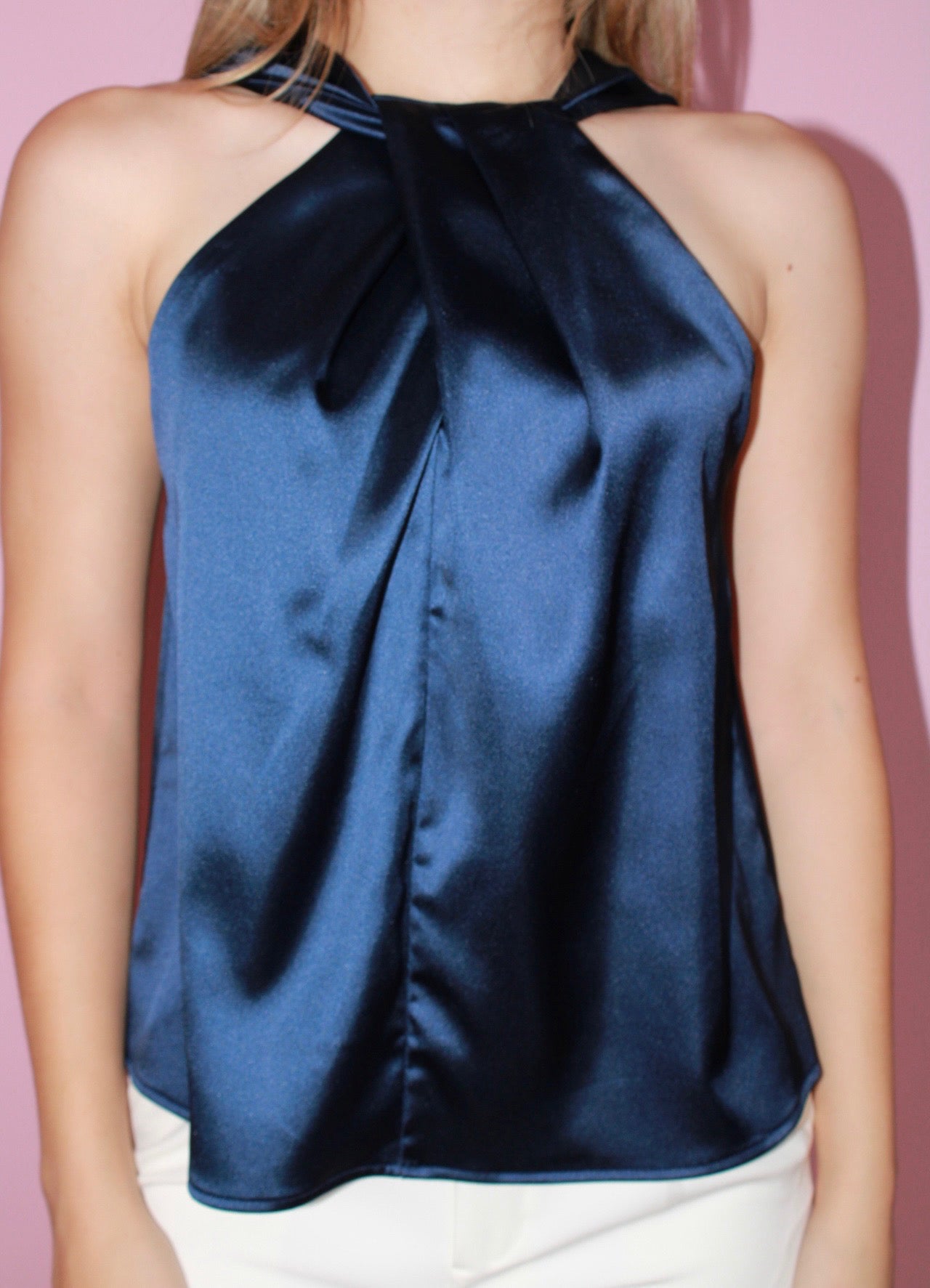Blusa azul marino satinada halter #11367