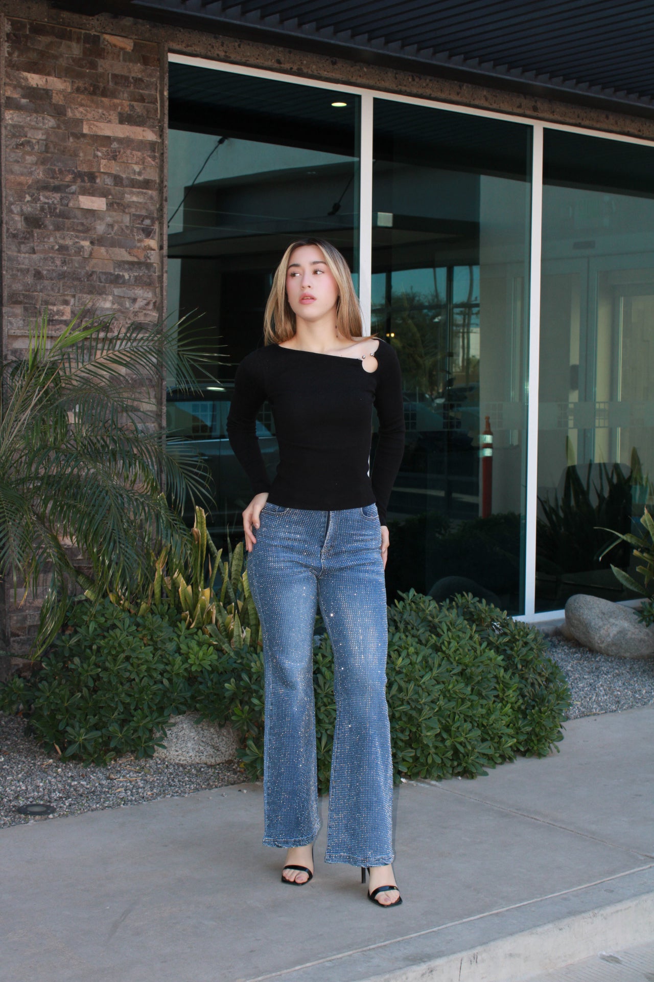 Blusa negra, tejida con detalle de metal plateado #11599