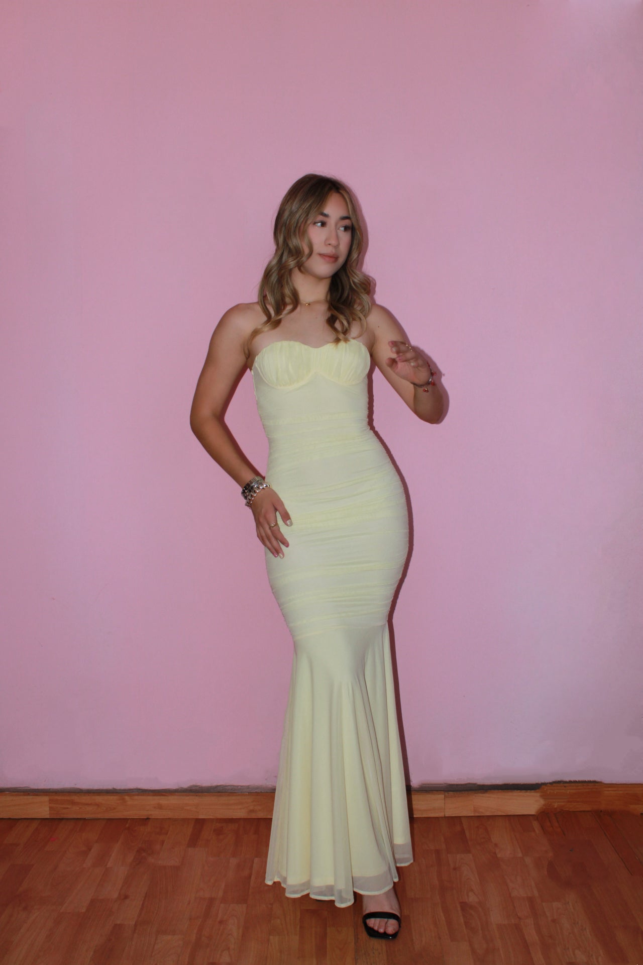 Vestido amarillo pastel strapless mesh #11341