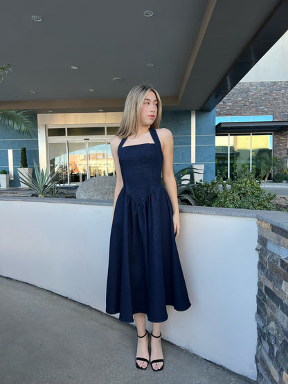 Vestido, mezclilla, oscuro, Halter mide y con vuelo #11720￼