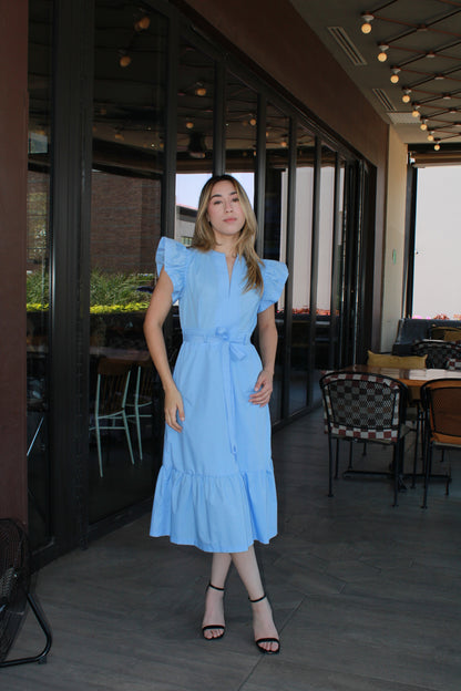 Vestido midi azul tela de camisa c Olán #11292