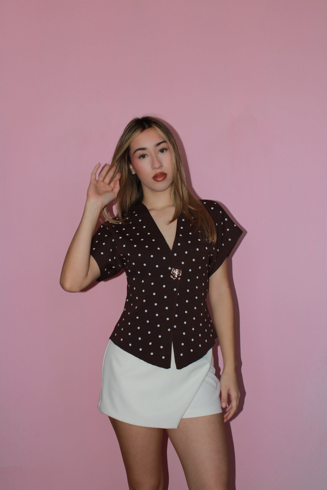 Blusa café c bolitas crema (botones dorado) #11741