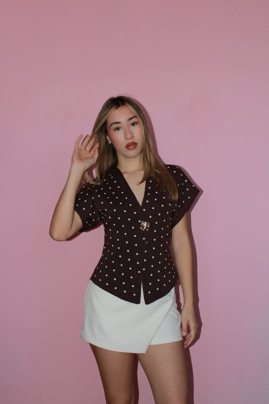 Blusa café c bolitas crema (botones dorado) #11741