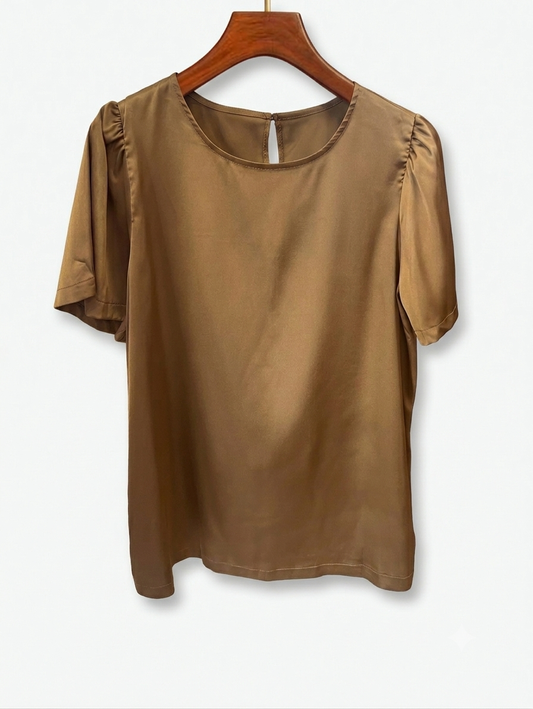 Blusa café satin c manga #12006