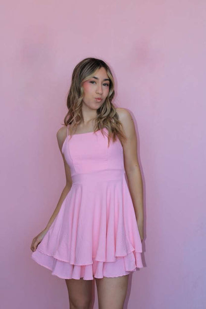 Vestido rosa corto de tirantes #11842￼