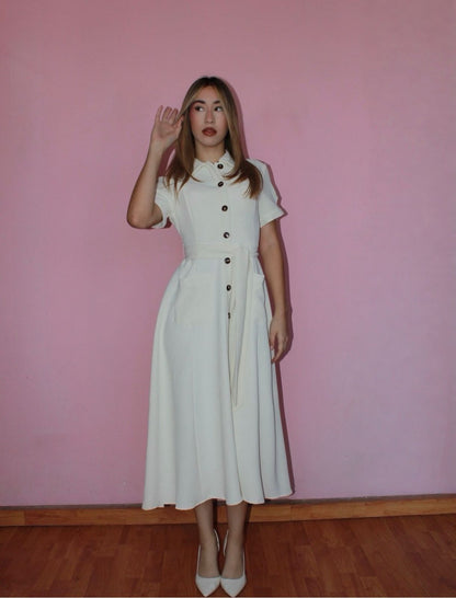 Vestido, color crema con botones, midi con manga #11756