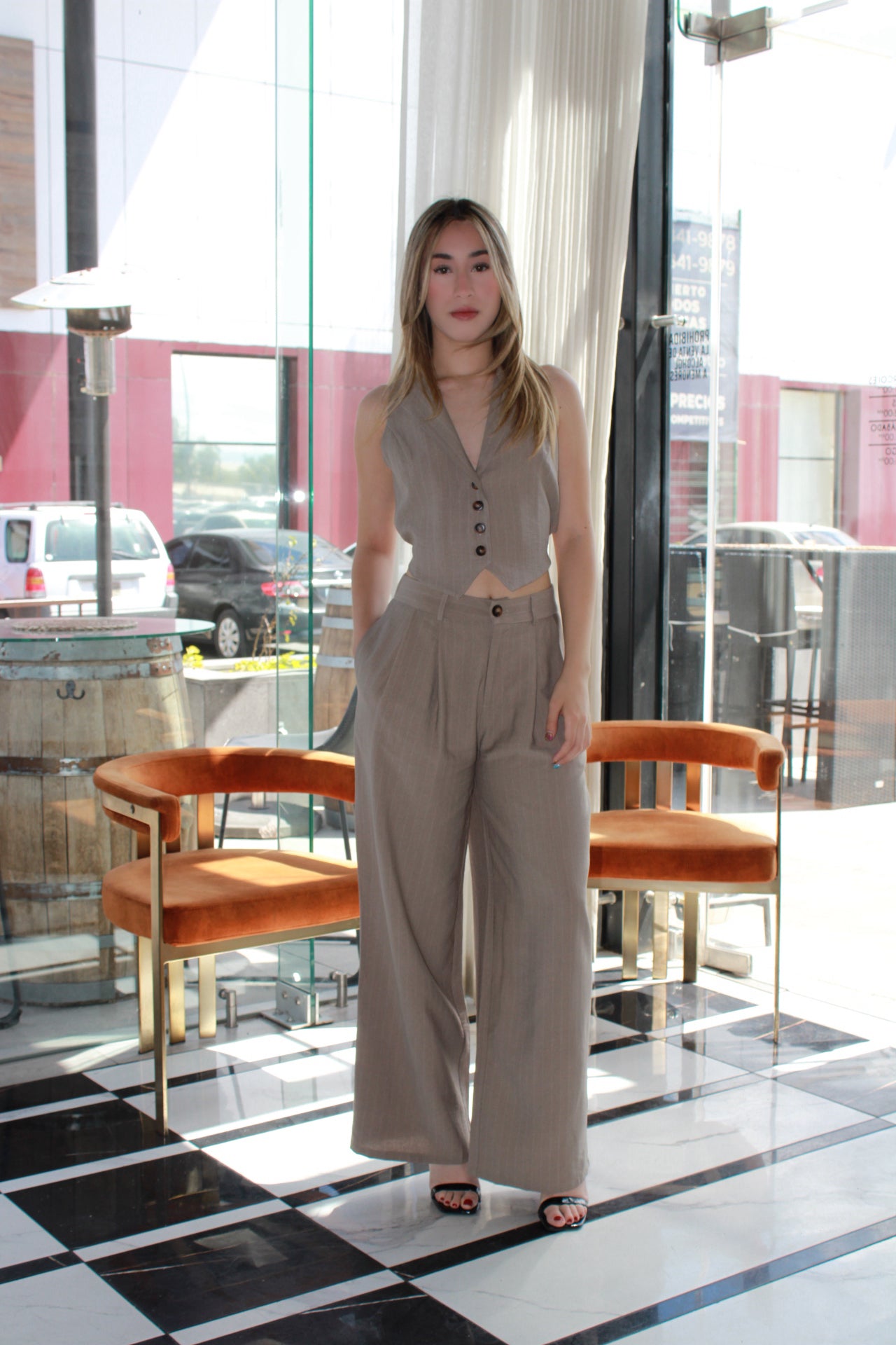 Set café mocha rayado chaleco-pantalón #11124