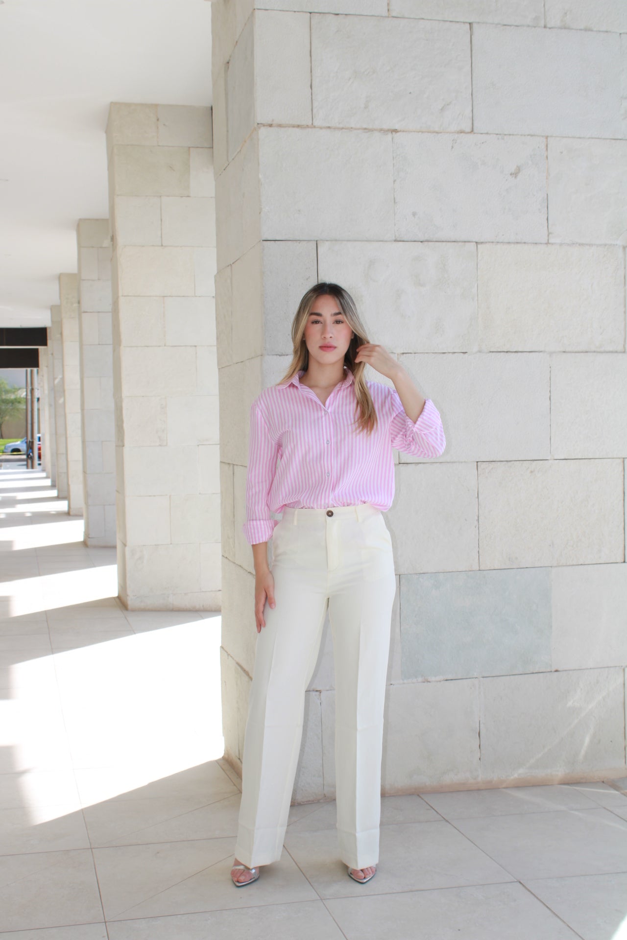Camisa rayada rosa larga #10105