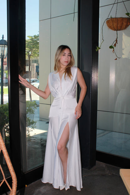 Vestido Satinado Largo Blanco sin mangas #11324