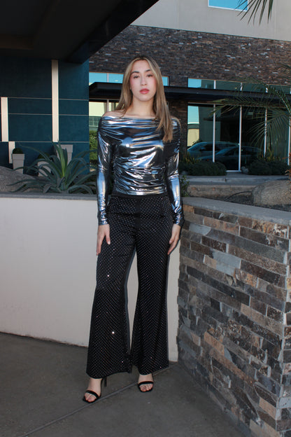 Blusa metálica plateada hombro asimétrico #11665