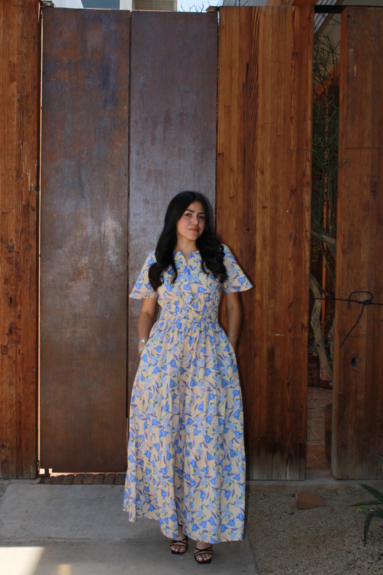 Vestido floreado beige c azul de manga #11256