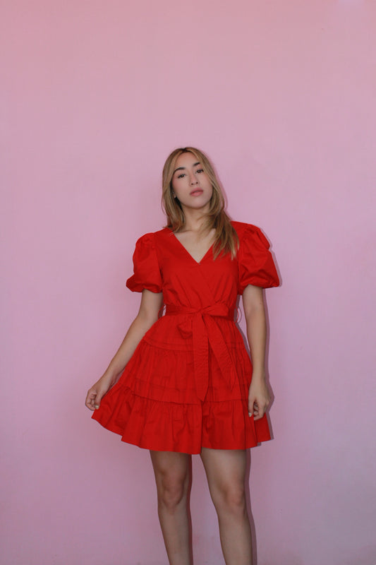 Vestido rojo corto de manga bombacha #11352