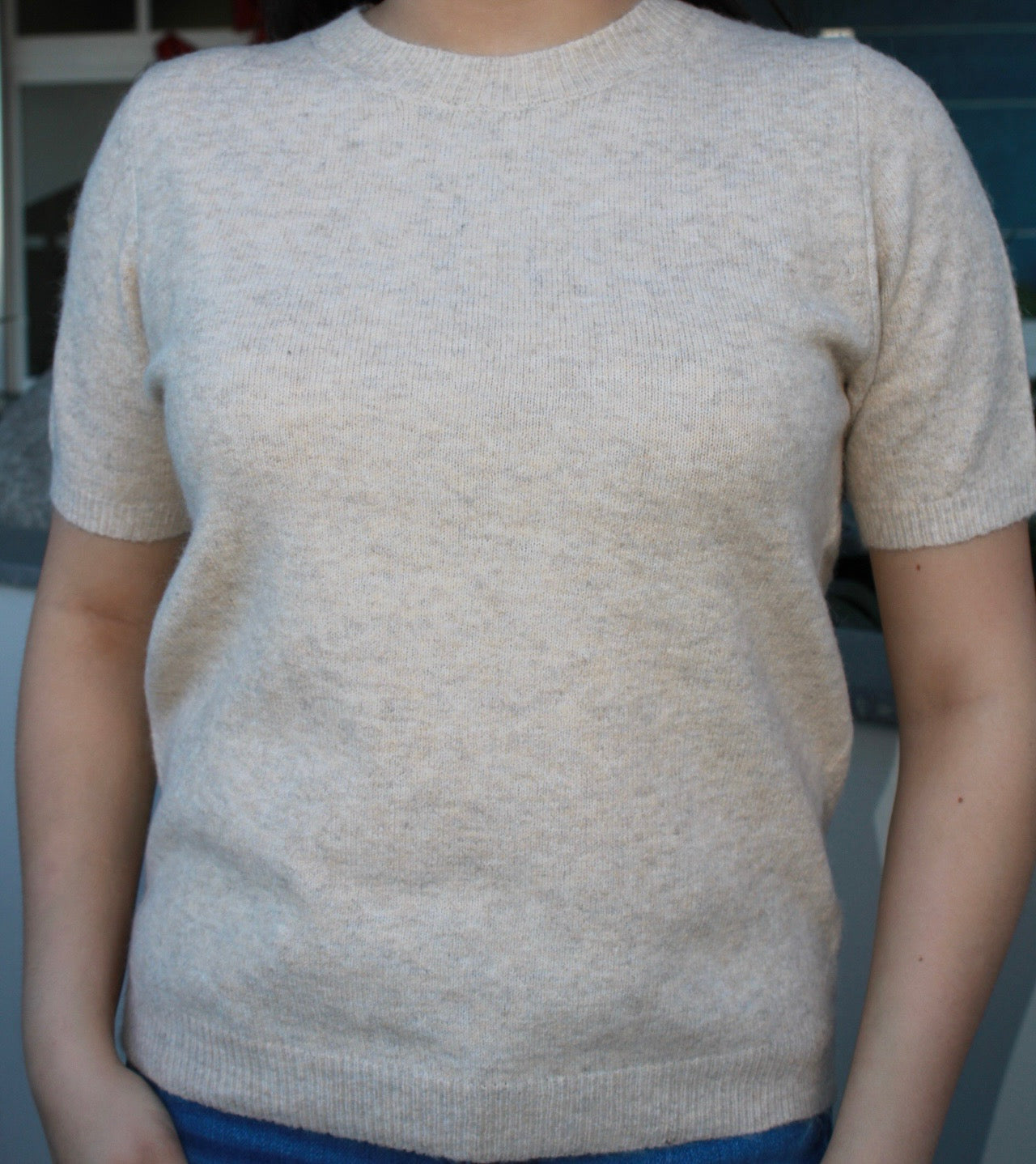 Blusa manga, corta de suéter, beige #11676￼