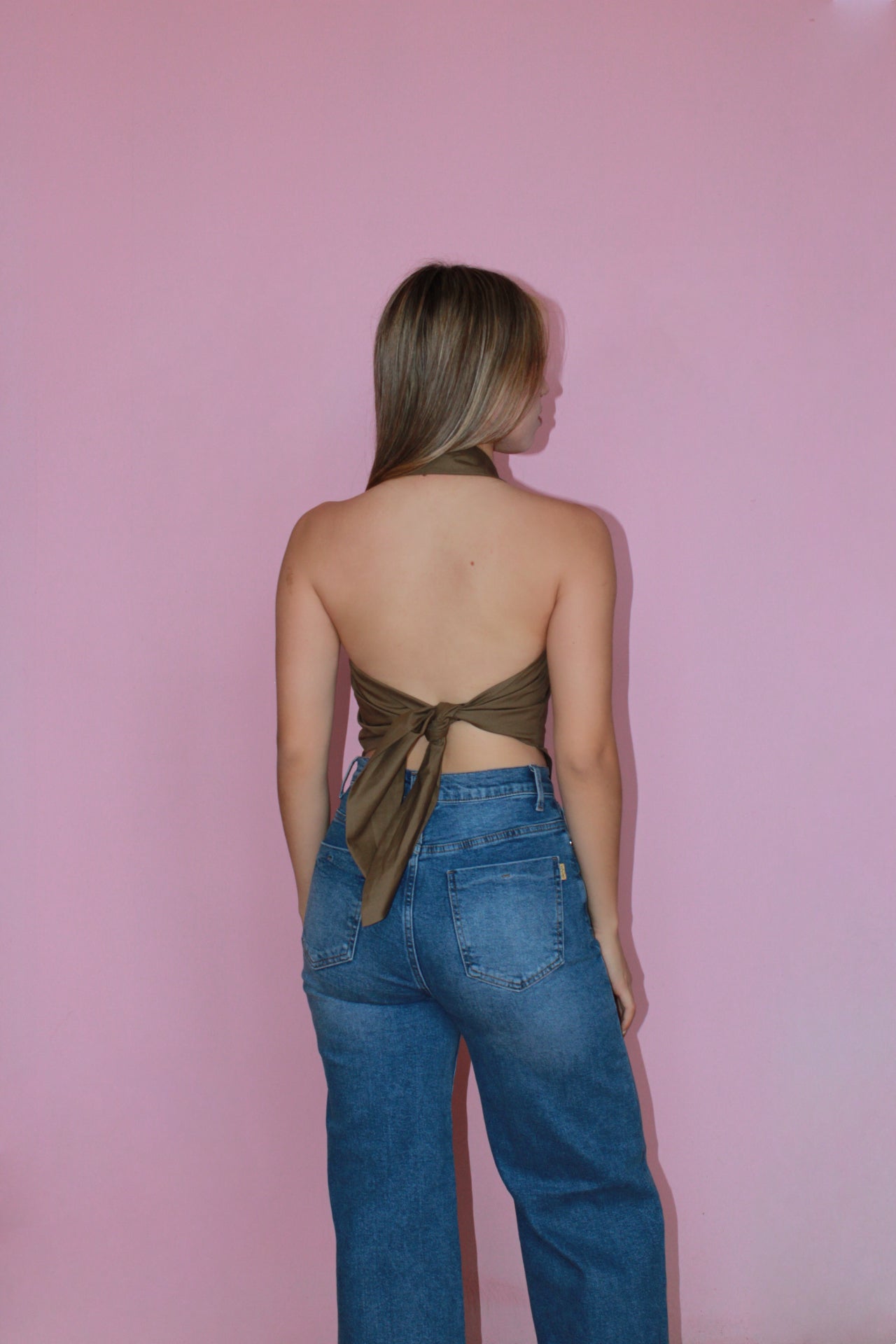 Top-camisa verde olivo halter espalda descubierta #11362