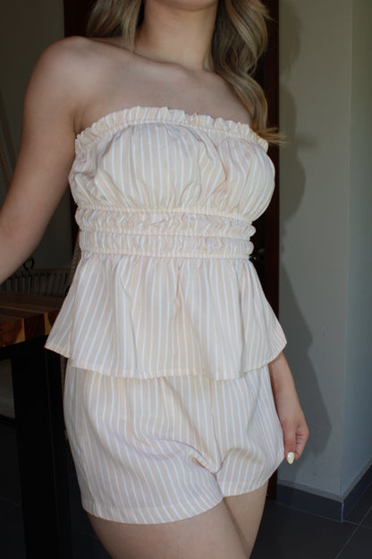 Set Rayado strapless y short crema c blanco #11177
