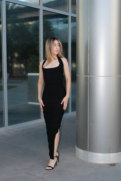 Vestido mesh, midi cuello, halter #11537￼