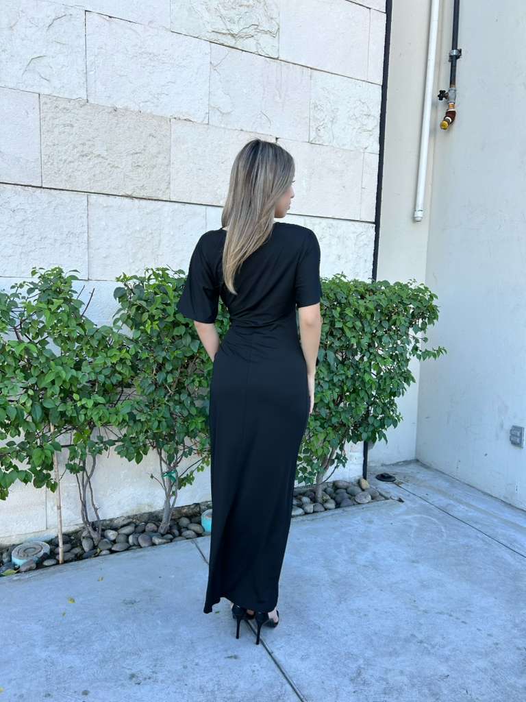 Vestido negro, largo, licra con manga#11535