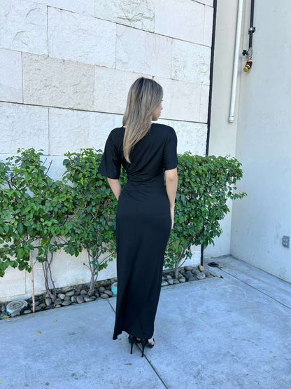 Vestido negro, largo, licra con manga#11535