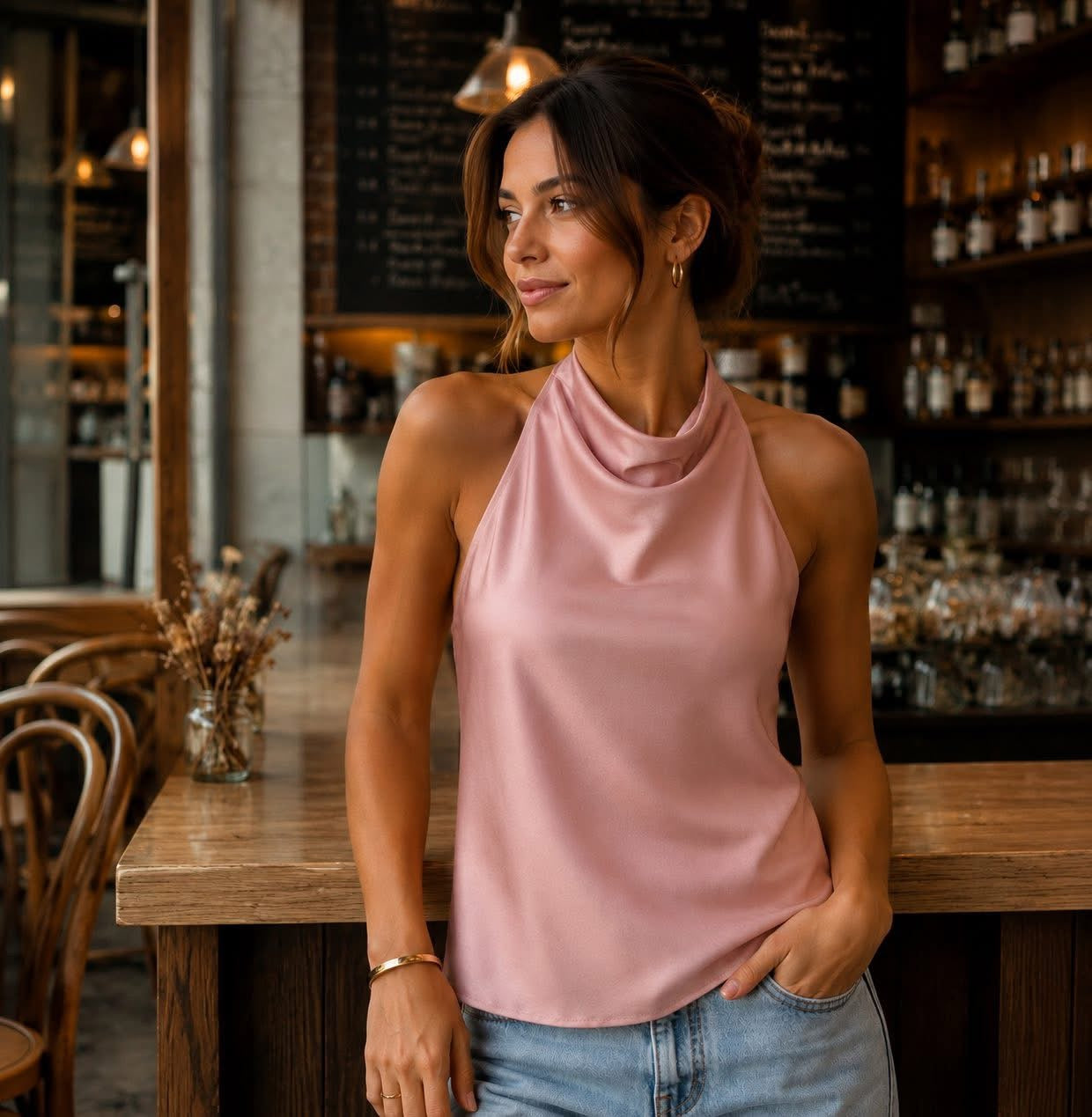 Blusa rosa halter satinada #11955