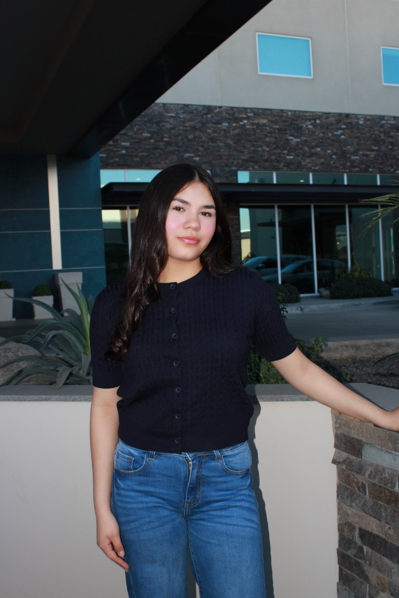 Suéter de manga, corta azul marino con botones. #11679