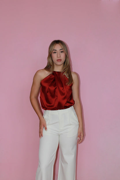 Blusa rojo quemado satinada halter #11368