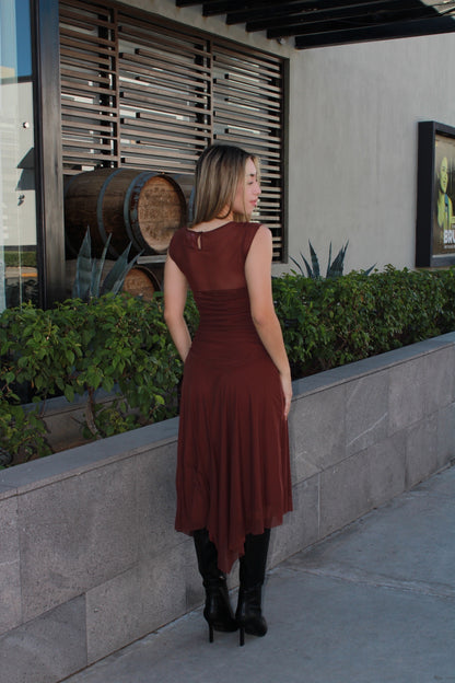 Vestido midi café tela mesh #11514