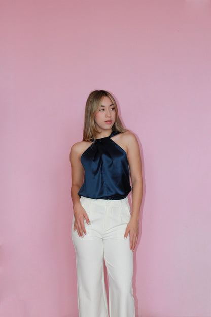 Blusa azul marino satinada halter #11367