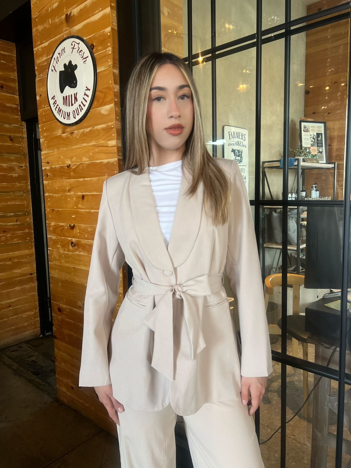 Conjunto, beige, blazer y pantalón #11833￼