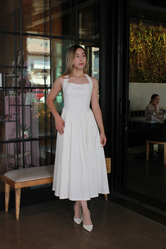Vestido Blanco Largo corte globo halter #11322