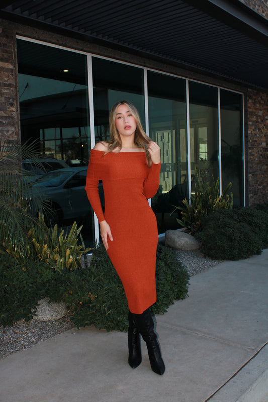 Vestido, color ladrillo Off Shoulder, de la de suéter manga larga #11672￼