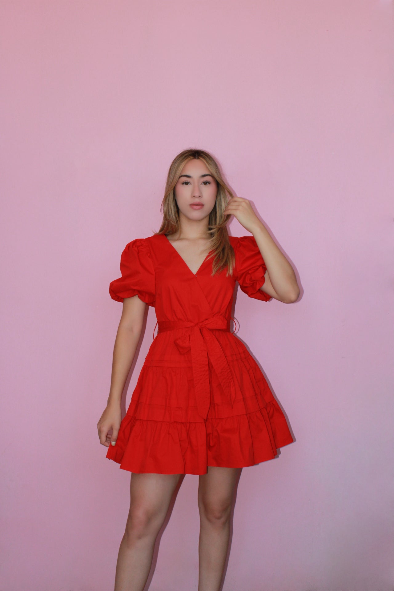 Vestido rojo corto de manga bombacha #11352