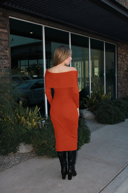 Vestido, color ladrillo Off Shoulder, de la de suéter manga larga #11672￼