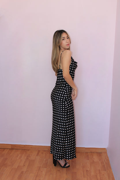 Vestido polka dots negro largo satinado #11881