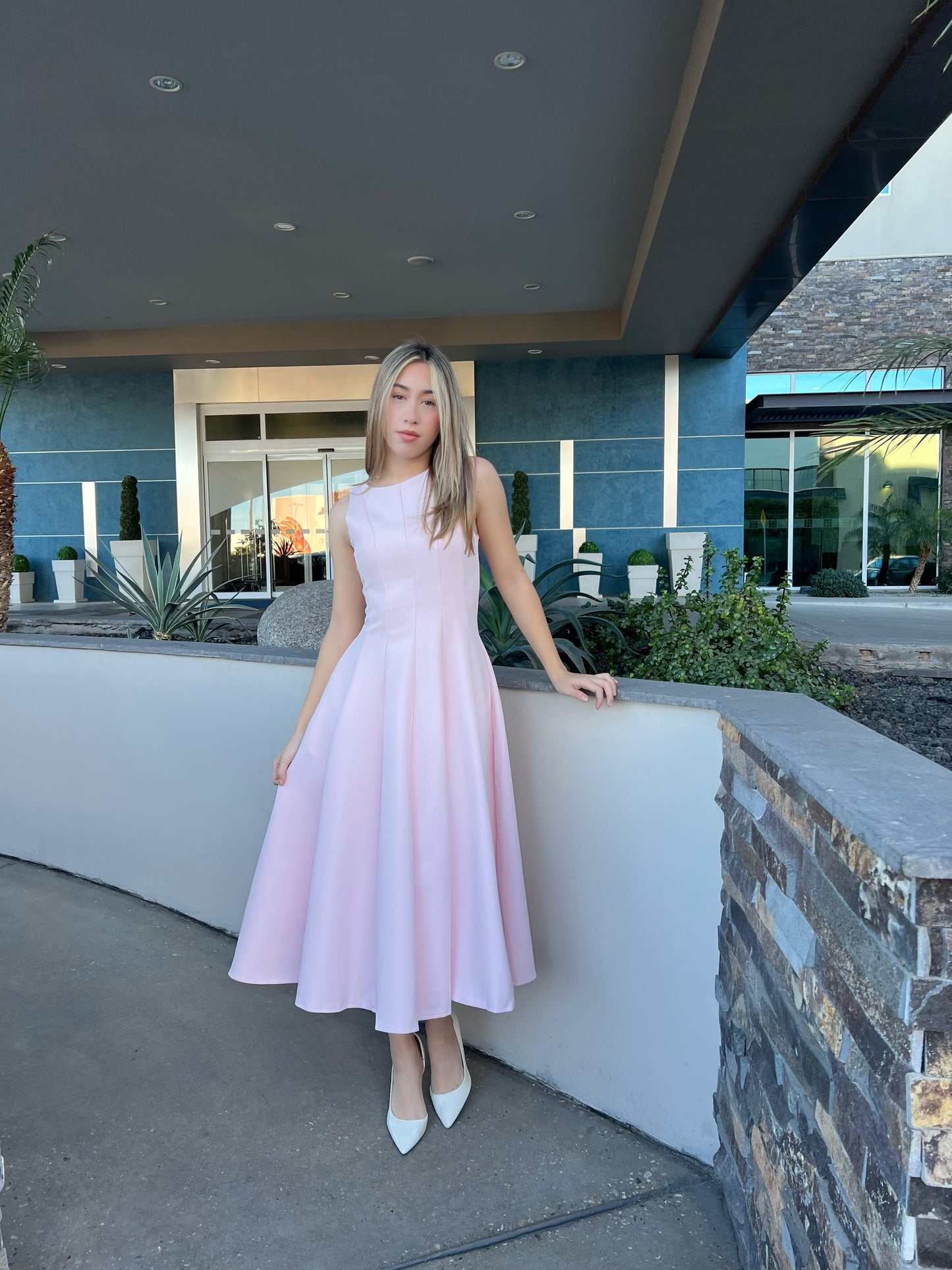 Vestido, Midi, rosa, pastel, sin mangas con vuelo #11719