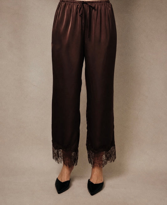Pantalón satin café con encaje #12014