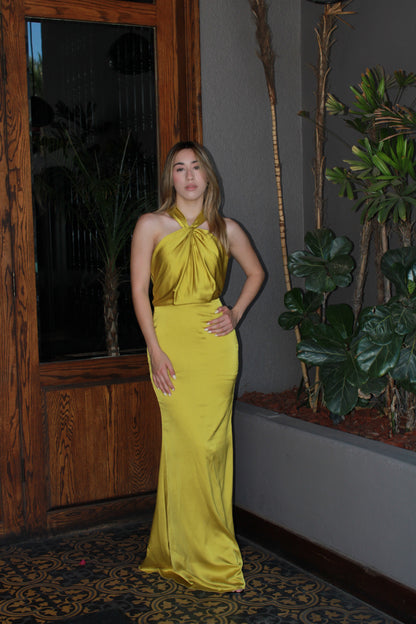 Vestido verde amarillento halter de fiesta #11230
