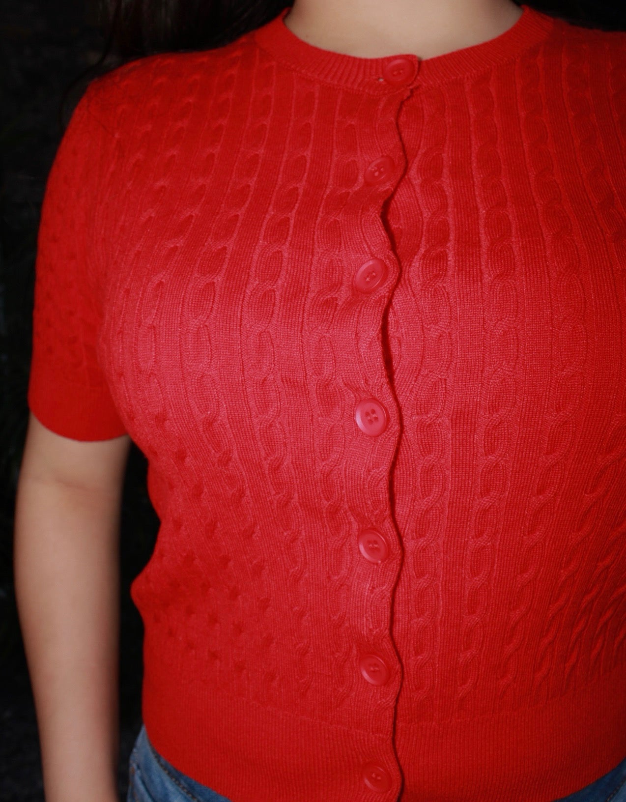 Suéter de manga, corta rojo con botones #11678￼