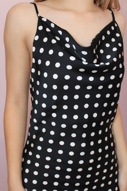 Vestido polka dots negro largo satinado #11881