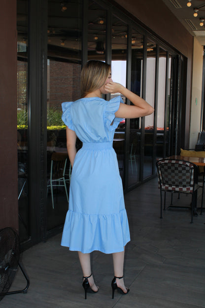 Vestido midi azul tela de camisa c Olán #11292