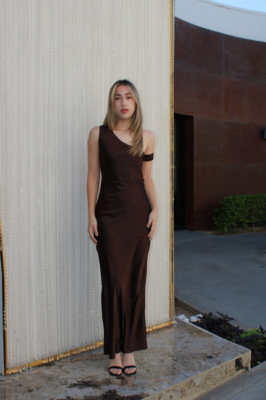 Vestido café midi  satinado #11497