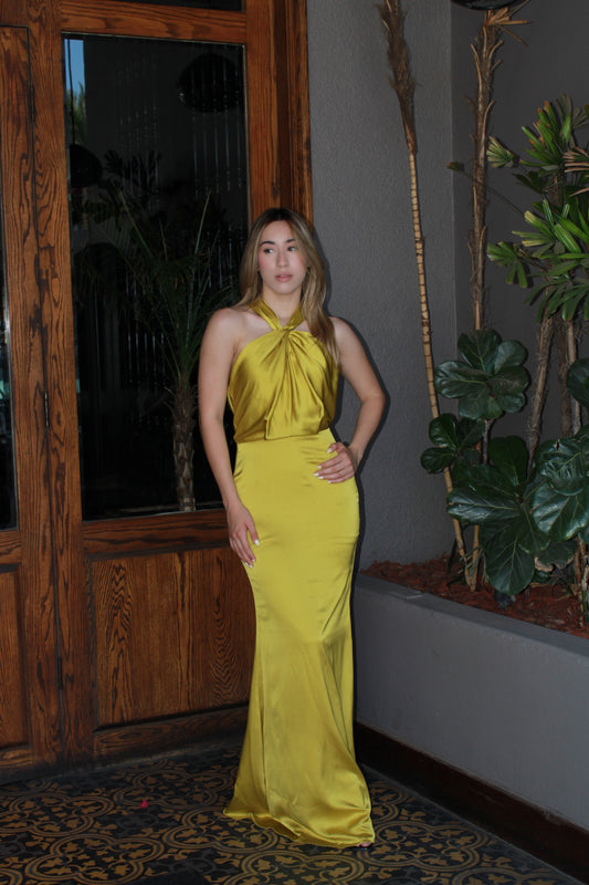 Vestido verde amarillento halter de fiesta #11230