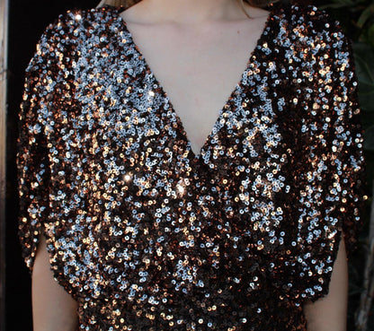 Vestido largo de lentejuela, color dorado, cobre ￼#11632